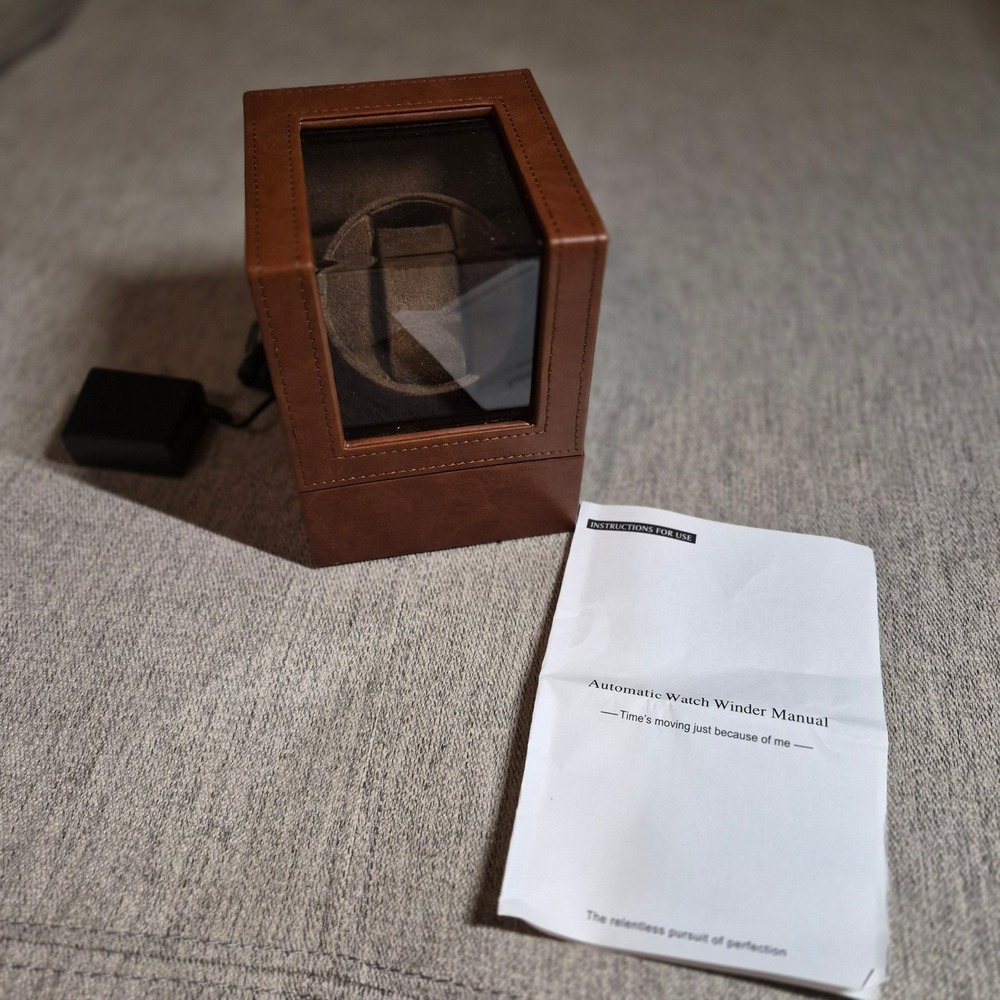 Single Automatic Watch Winder Box Brown Faux Leather Silent Motor AC Adapter